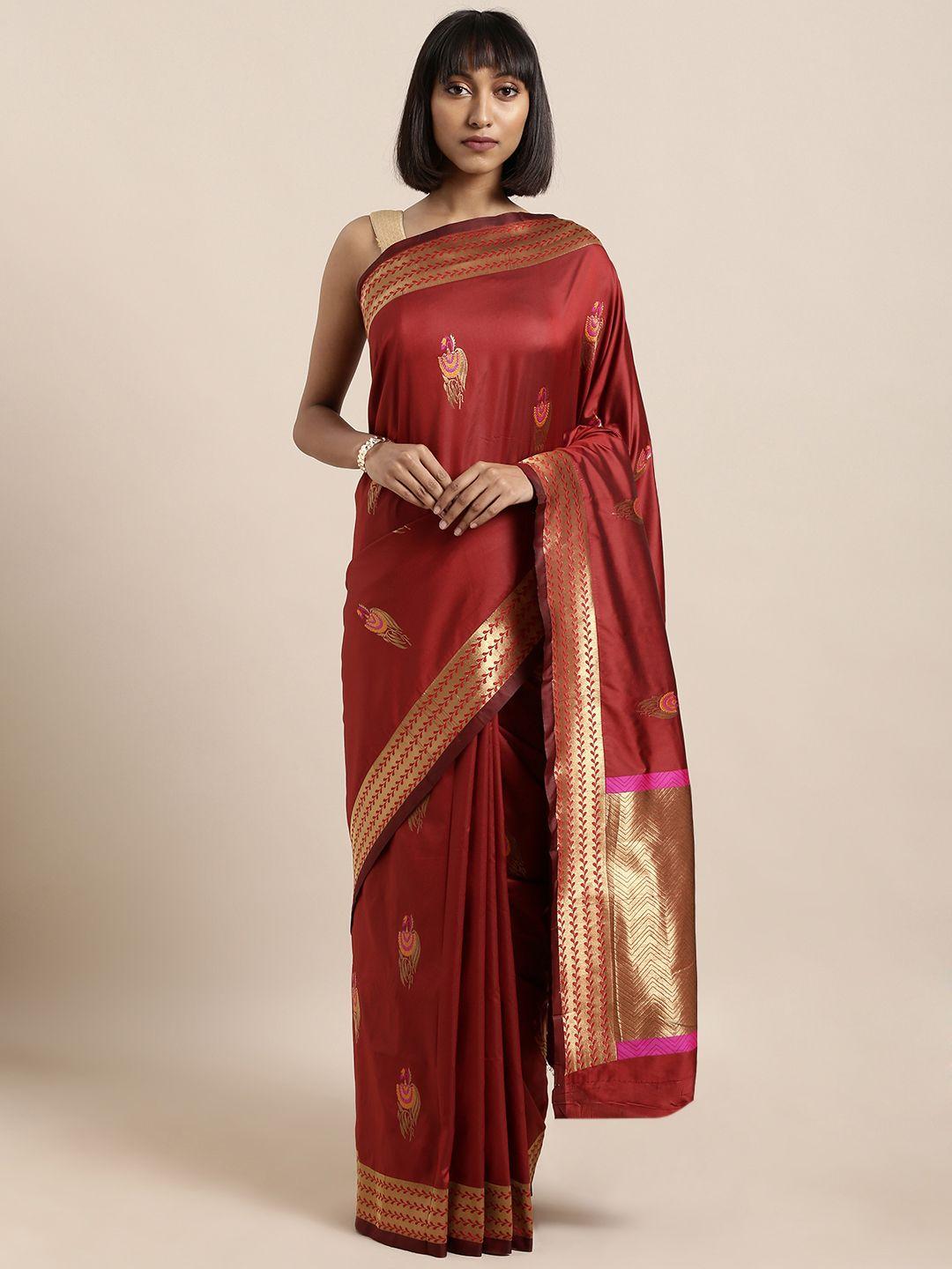 mitera maroon & gold-coloured silk blend woven design kanjeevaram saree