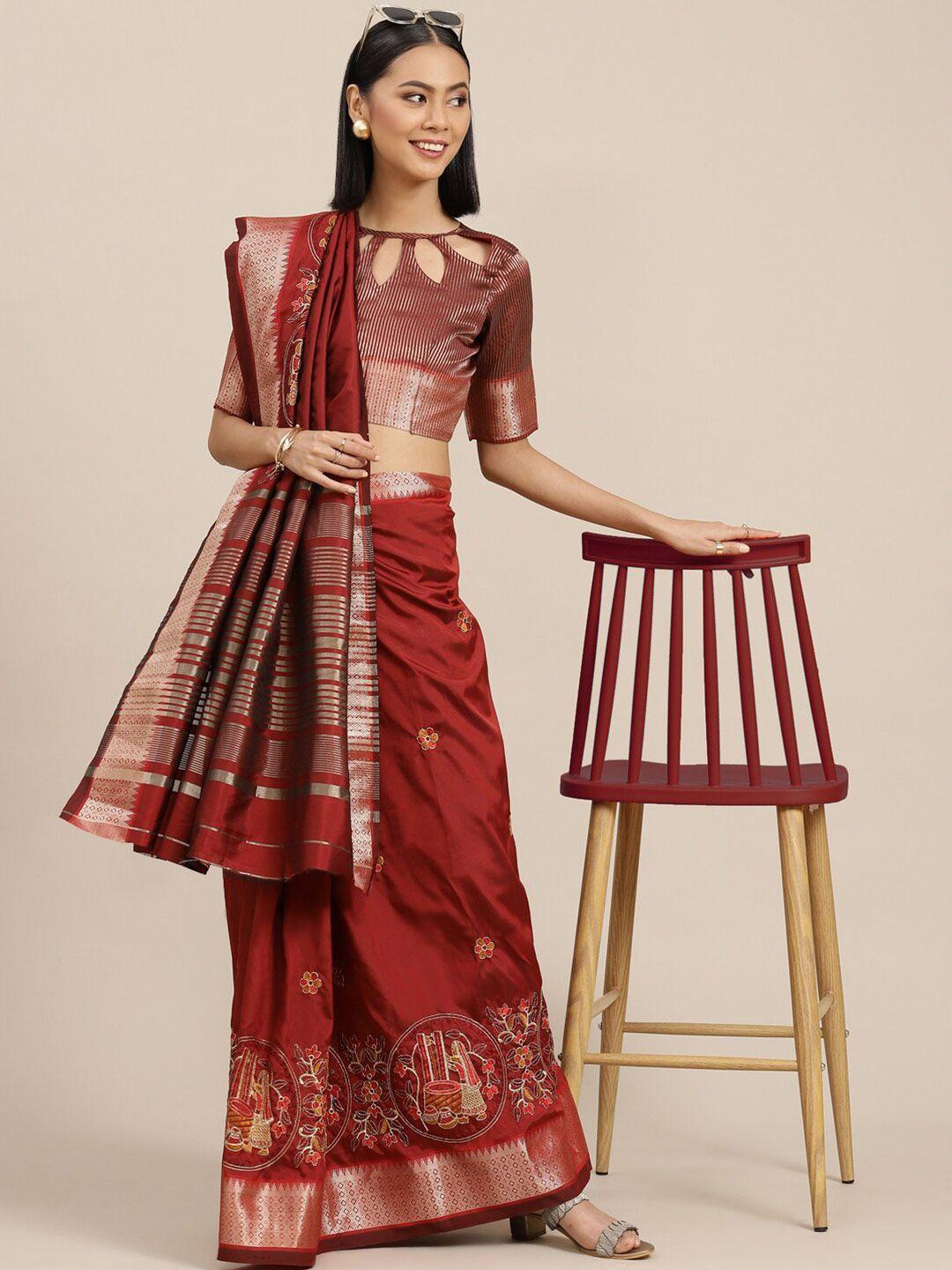 mitera maroon & gold-toned ethnic motifs embroidered zari silk cotton saree