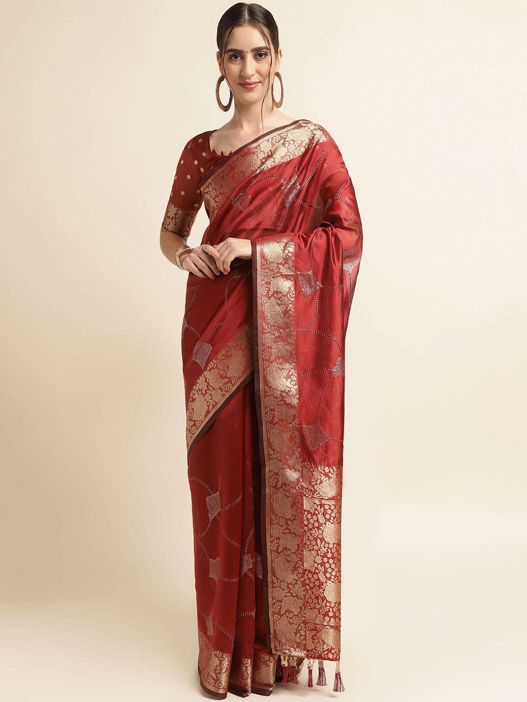 mitera maroon & gold-toned ethnic motifs woven design sequinned pure silk saree