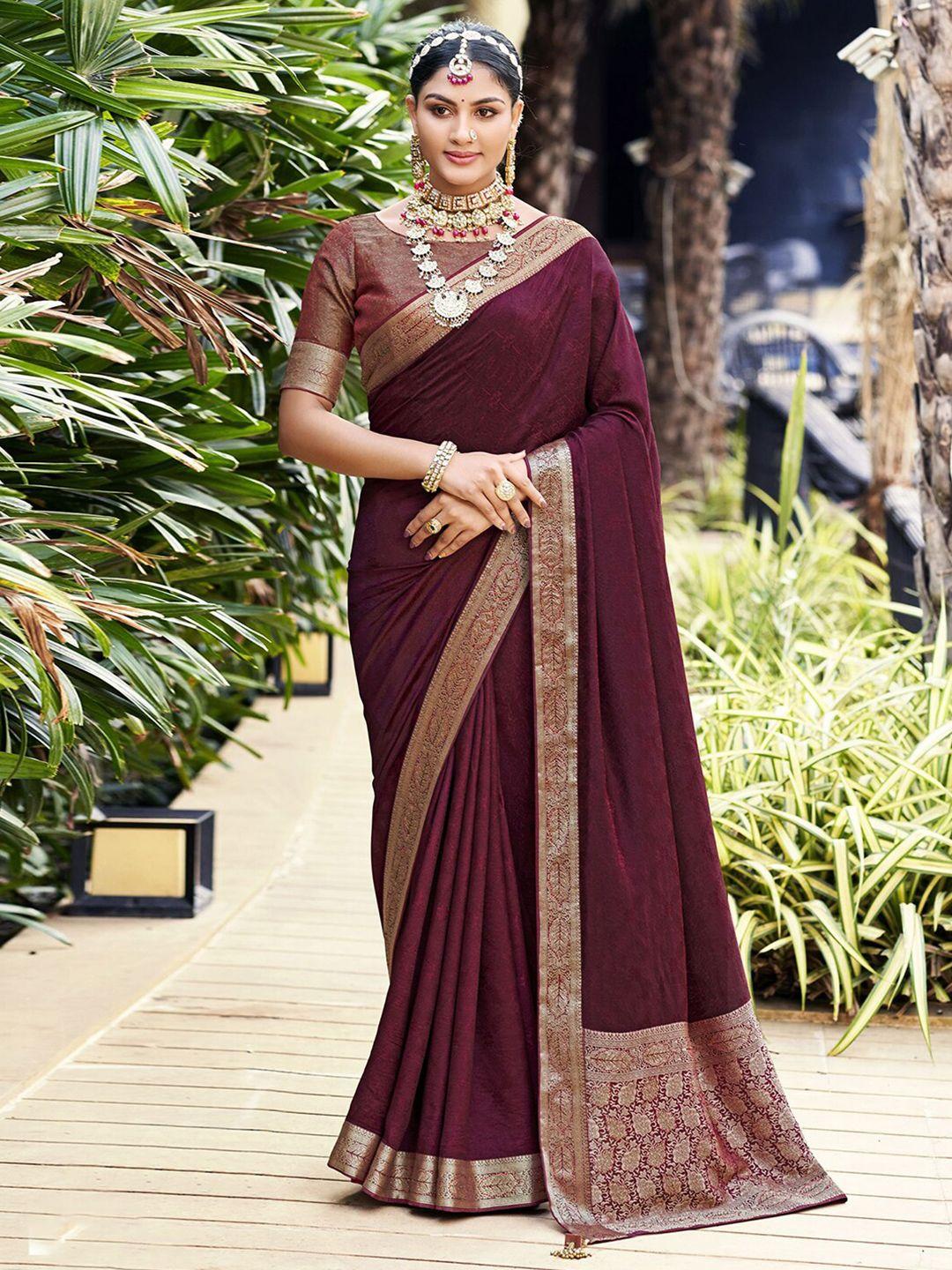 mitera maroon & gold-toned ethnic motifs woven design zari jacquard saree