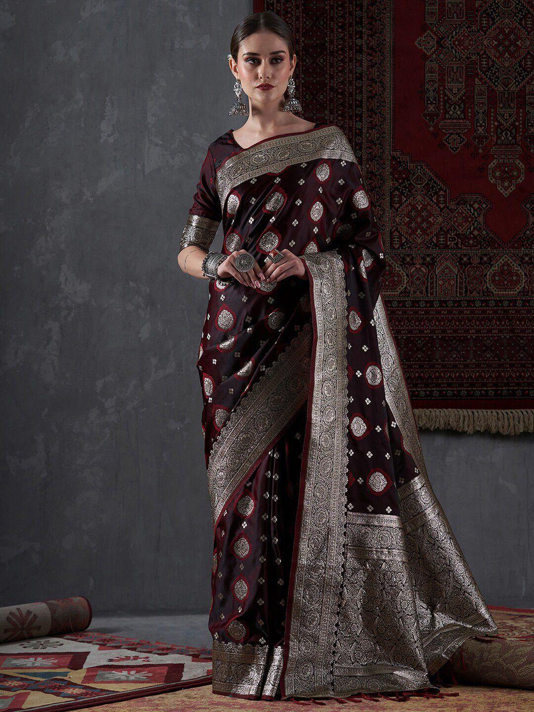 mitera maroon & gold-toned ethnic motifs woven design zari satin silk banarasi saree