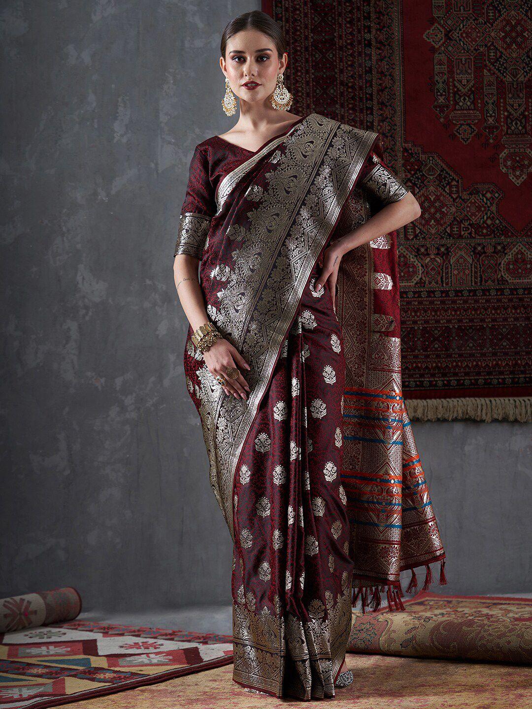 mitera maroon & gold-toned ethnic motifs woven design zari satin silk banarasi saree