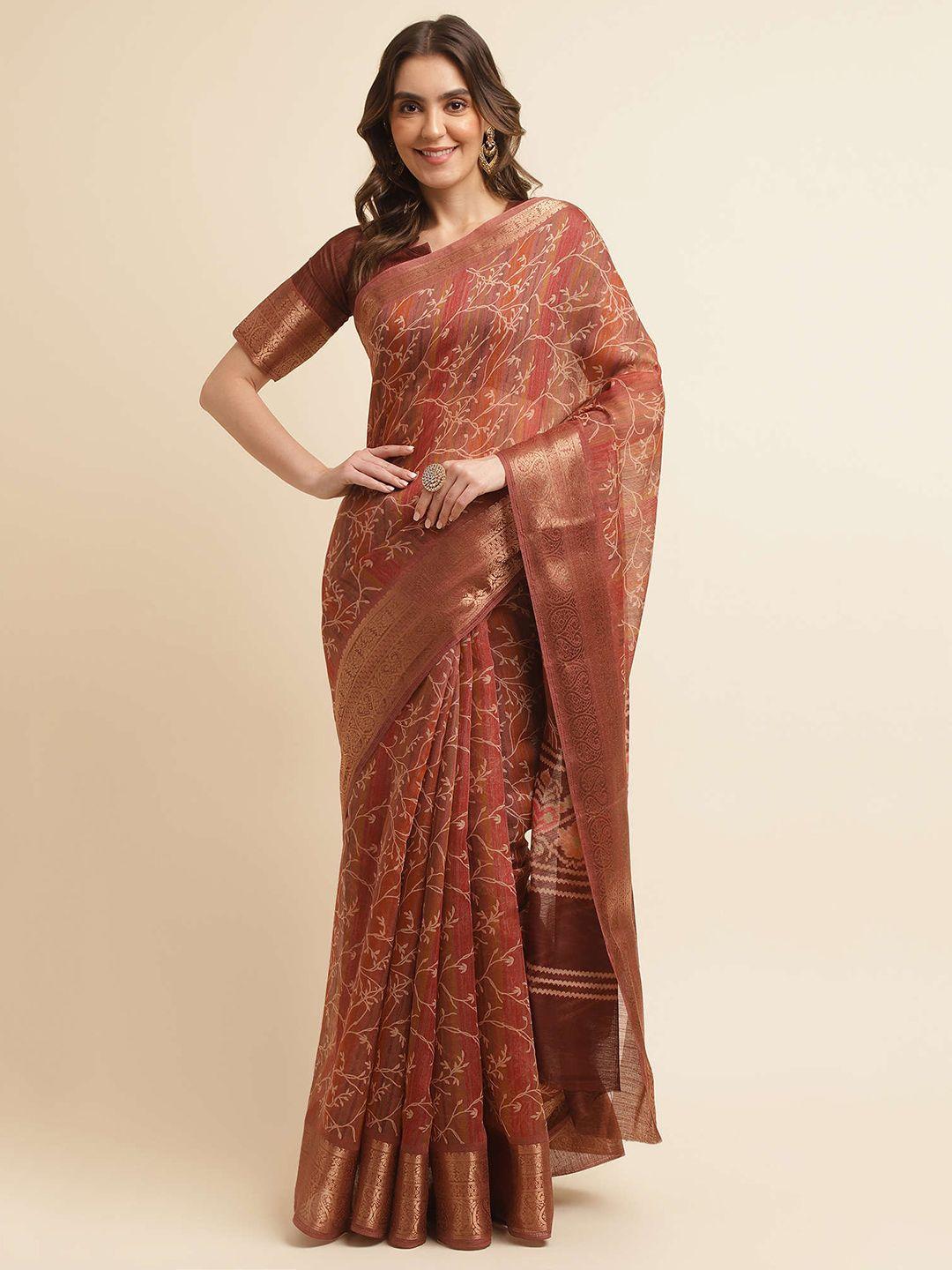 mitera maroon & gold-toned floral printed zari silk cotton banarasi saree