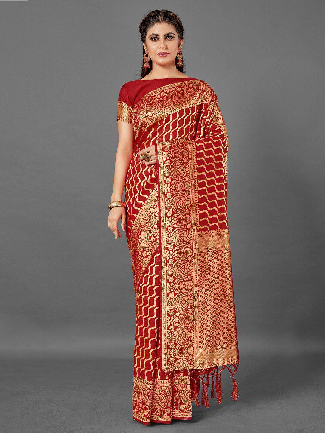 mitera maroon & gold-toned silk blend banarasi saree