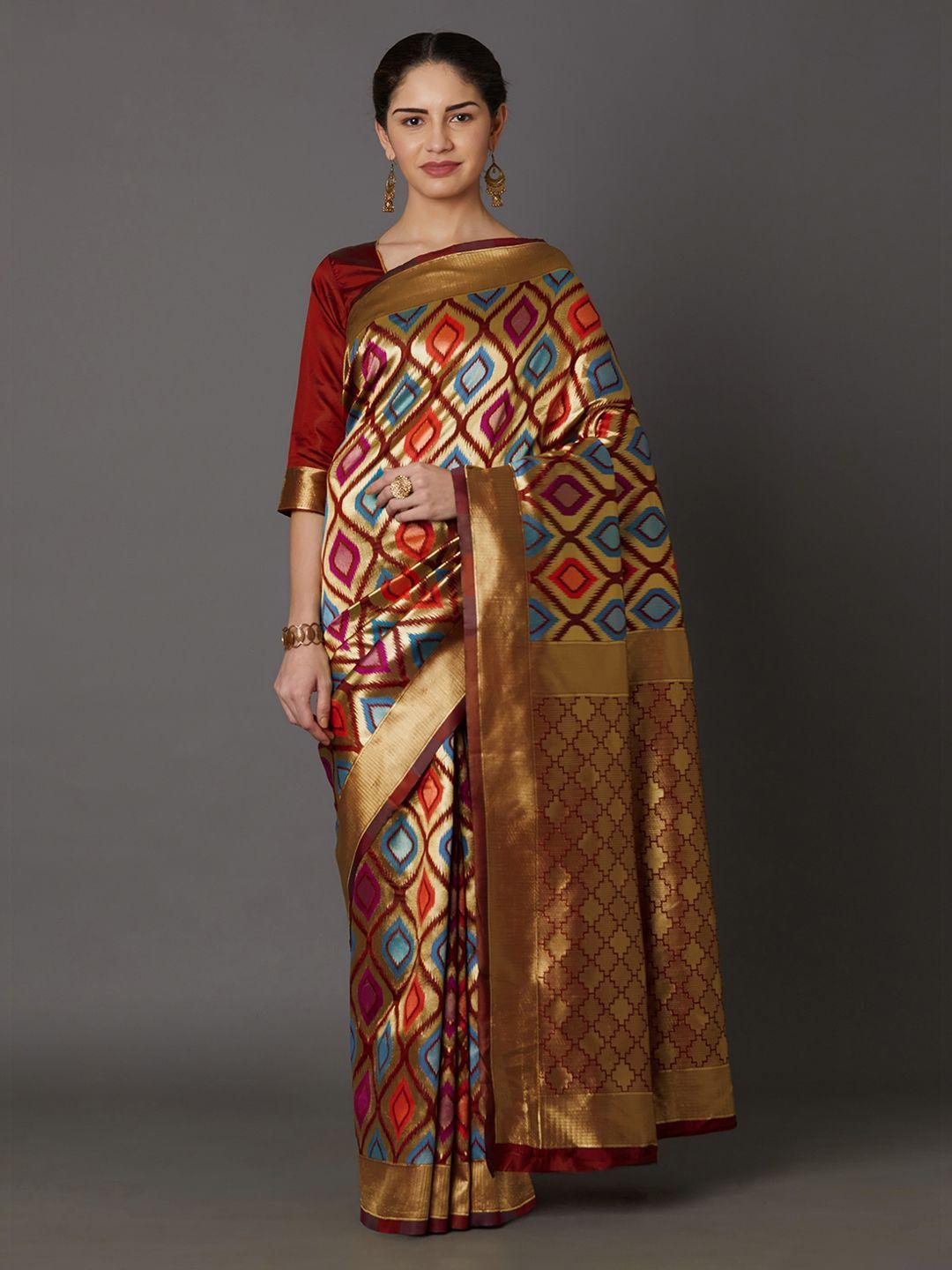 mitera maroon & gold-toned silk blend woven design kanjeevaram saree