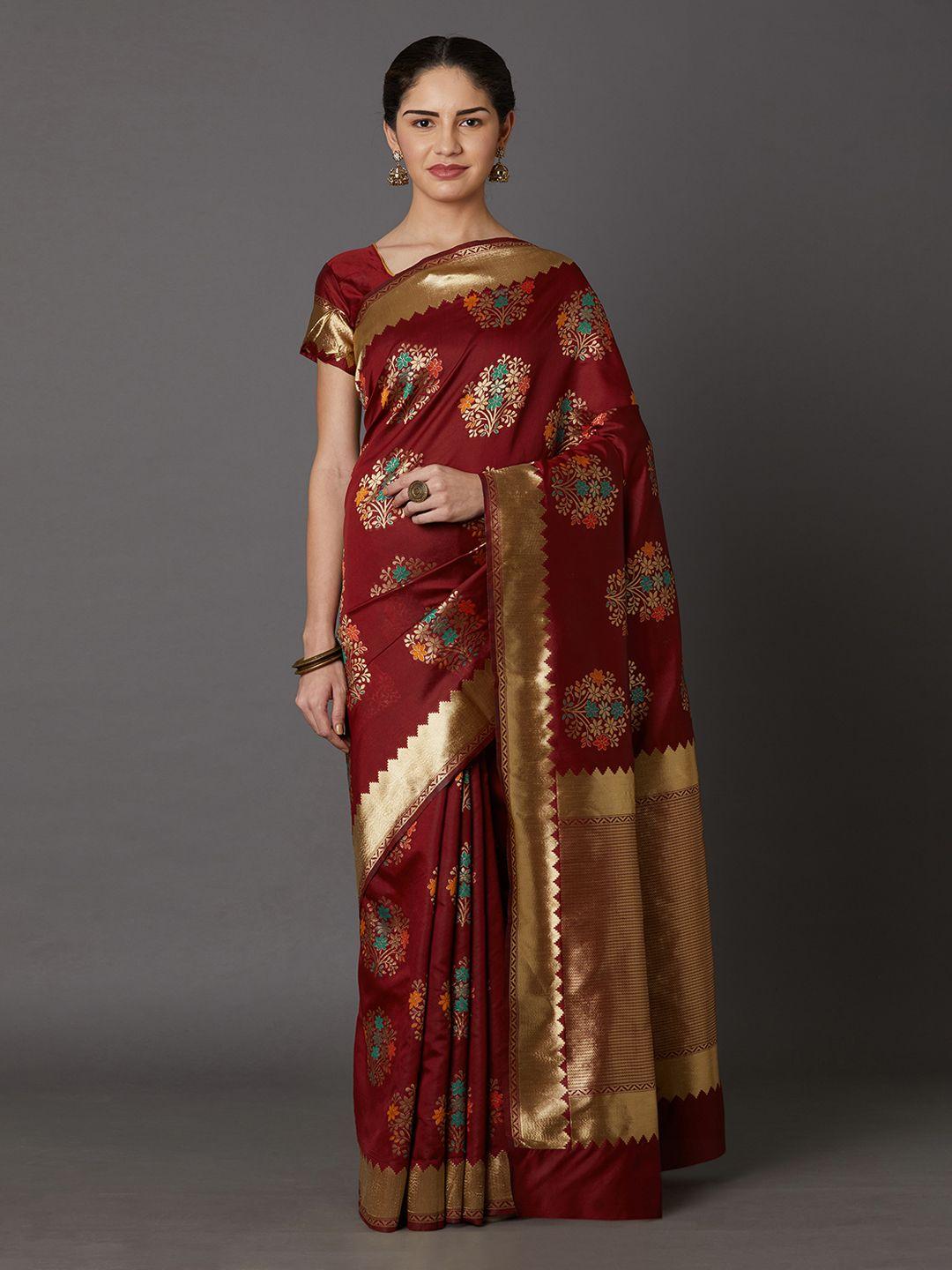 mitera maroon & gold-toned silk blend woven design kanjeevaram saree