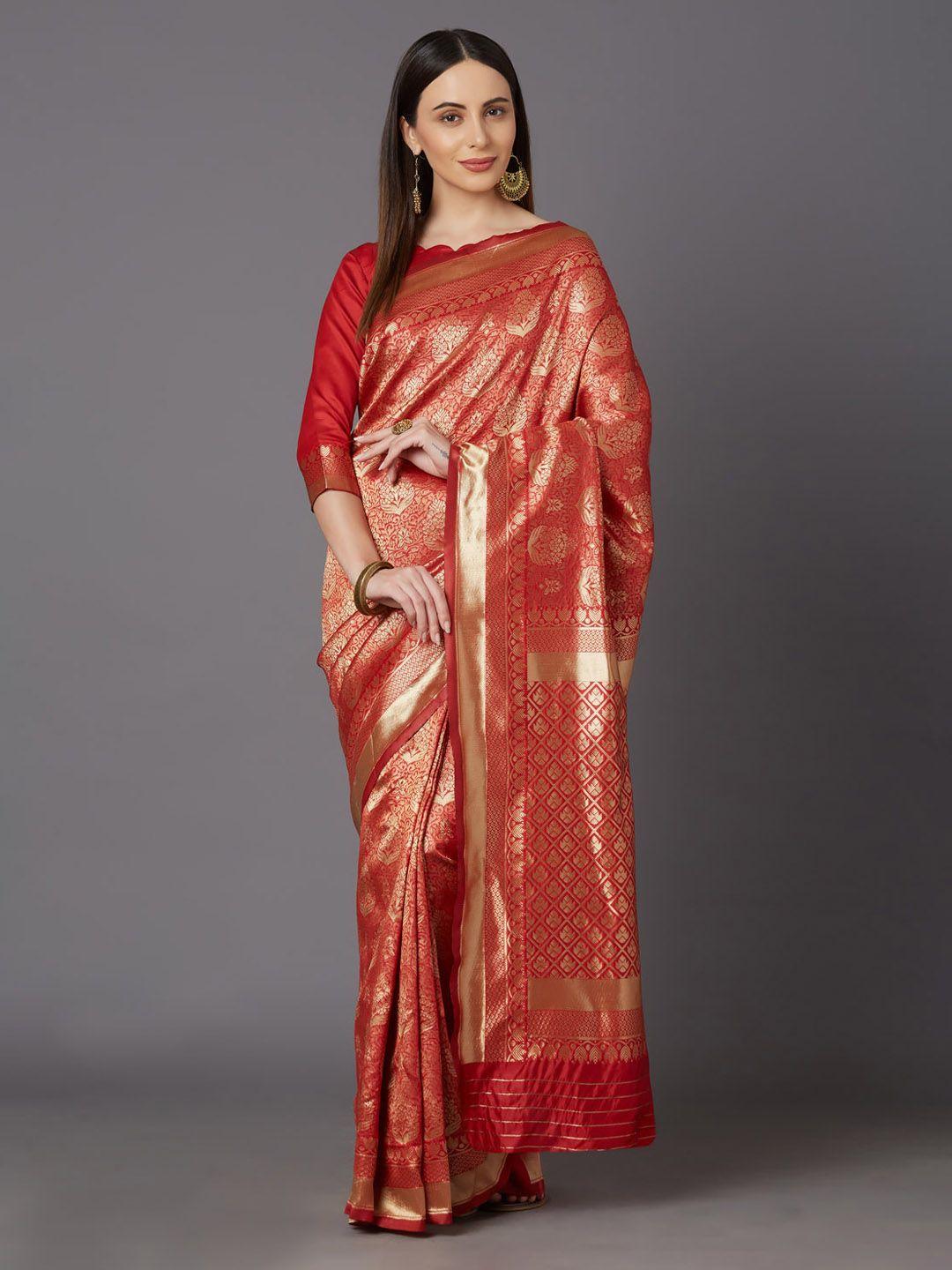 mitera maroon & gold-toned silk blend woven design kanjeevaram saree