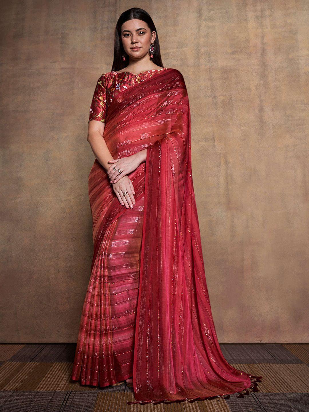 mitera maroon & gold-toned striped sequinned pure chiffon saree