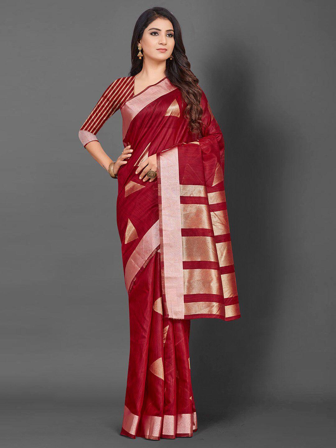 mitera maroon & gold-toned woven design zari linen blend banarasi saree
