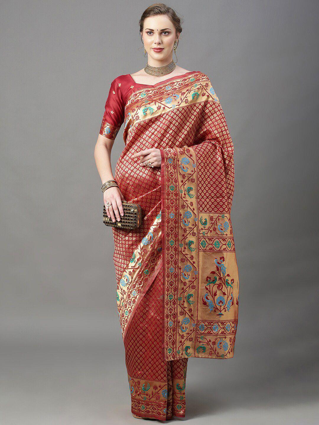 mitera maroon & gold-toned woven design zari silk blend saree