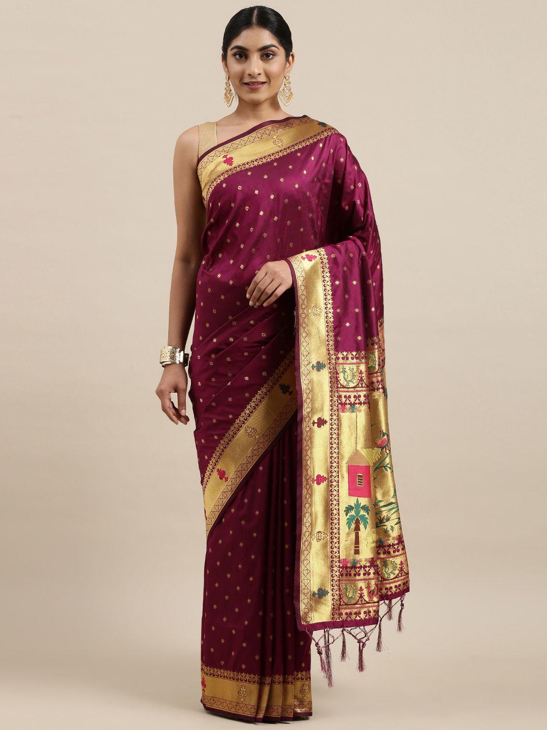 mitera maroon & golden ethnic woven design zari paithani silk saree