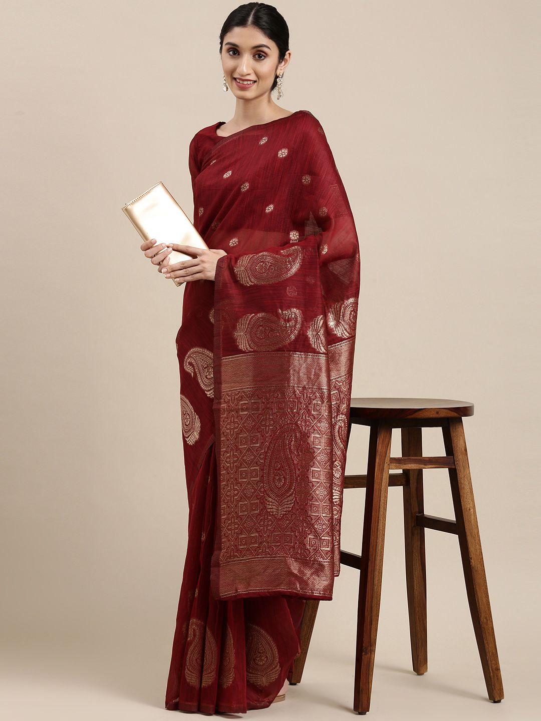 mitera maroon & golden paisley linen blend banarasi saree