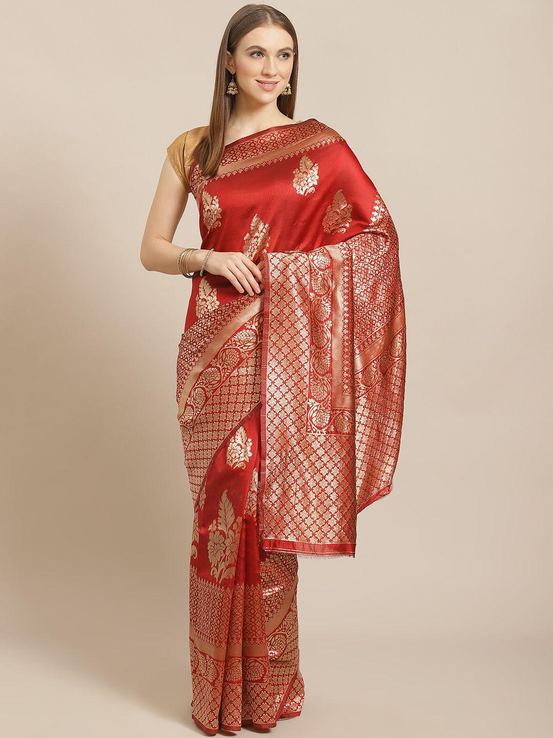 mitera maroon & golden silk blend ethnic motifs woven design banarasi saree