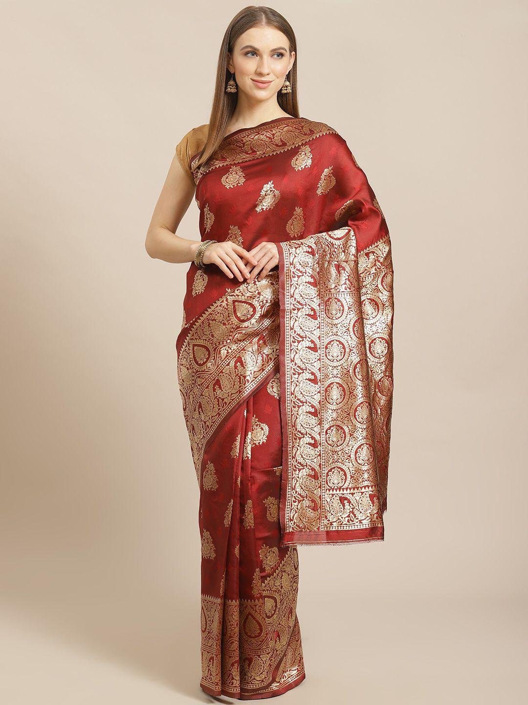 mitera maroon & golden woven design banarasi saree