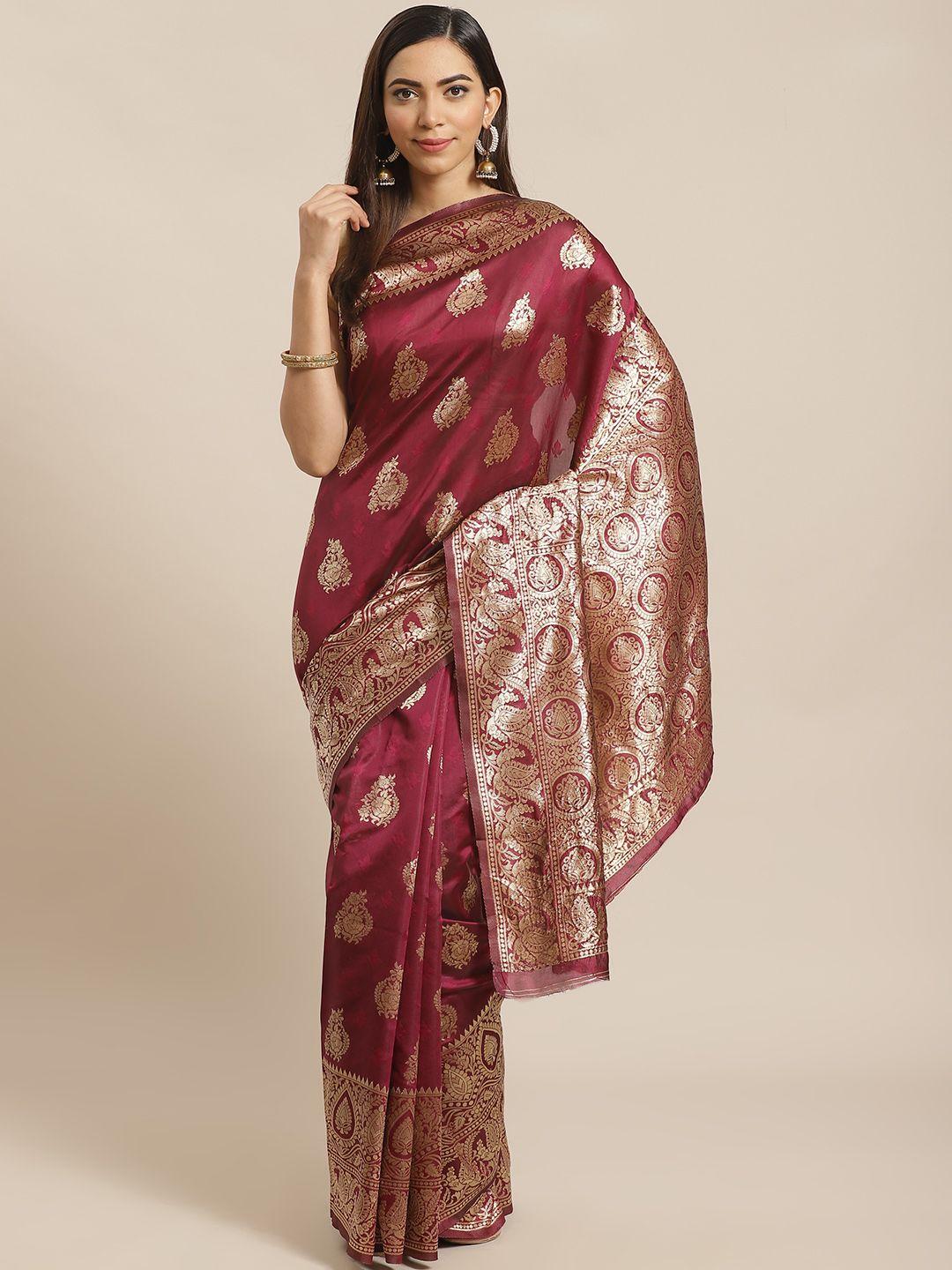 mitera maroon & golden woven design banarasi saree