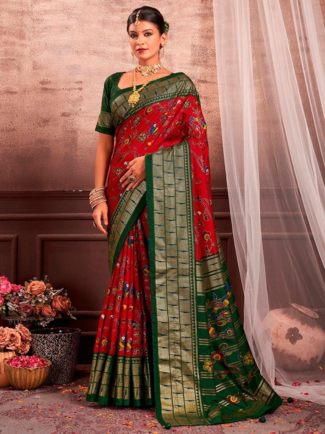 mitera maroon & green ethnic motifs printed zari banarasi saree