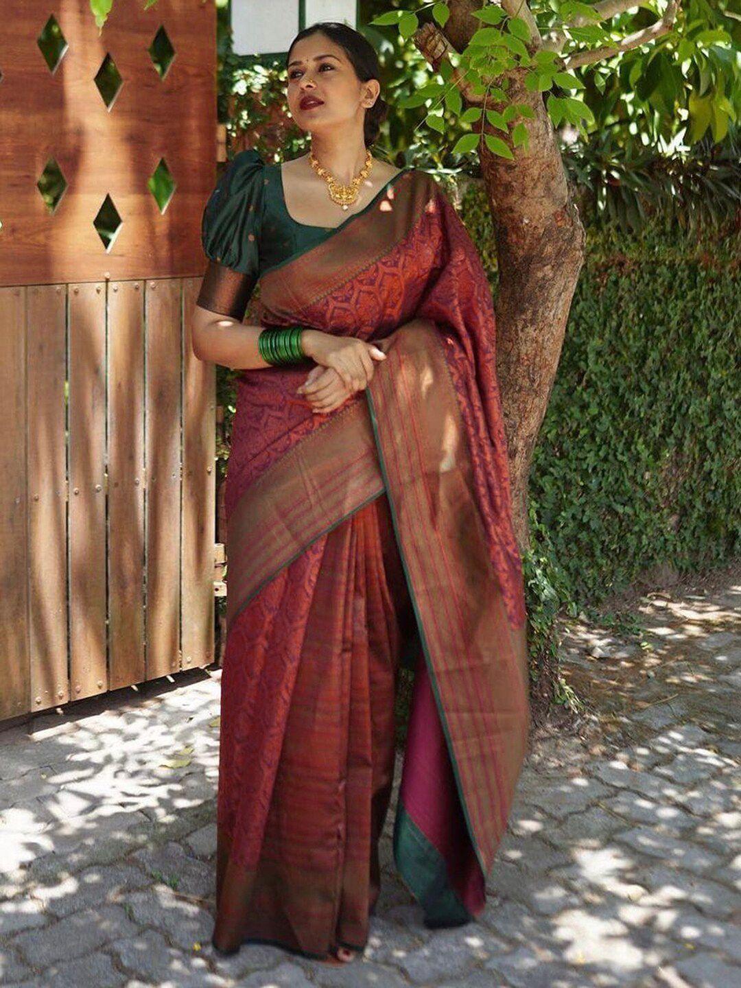mitera maroon & green ethnic woven design zari saree