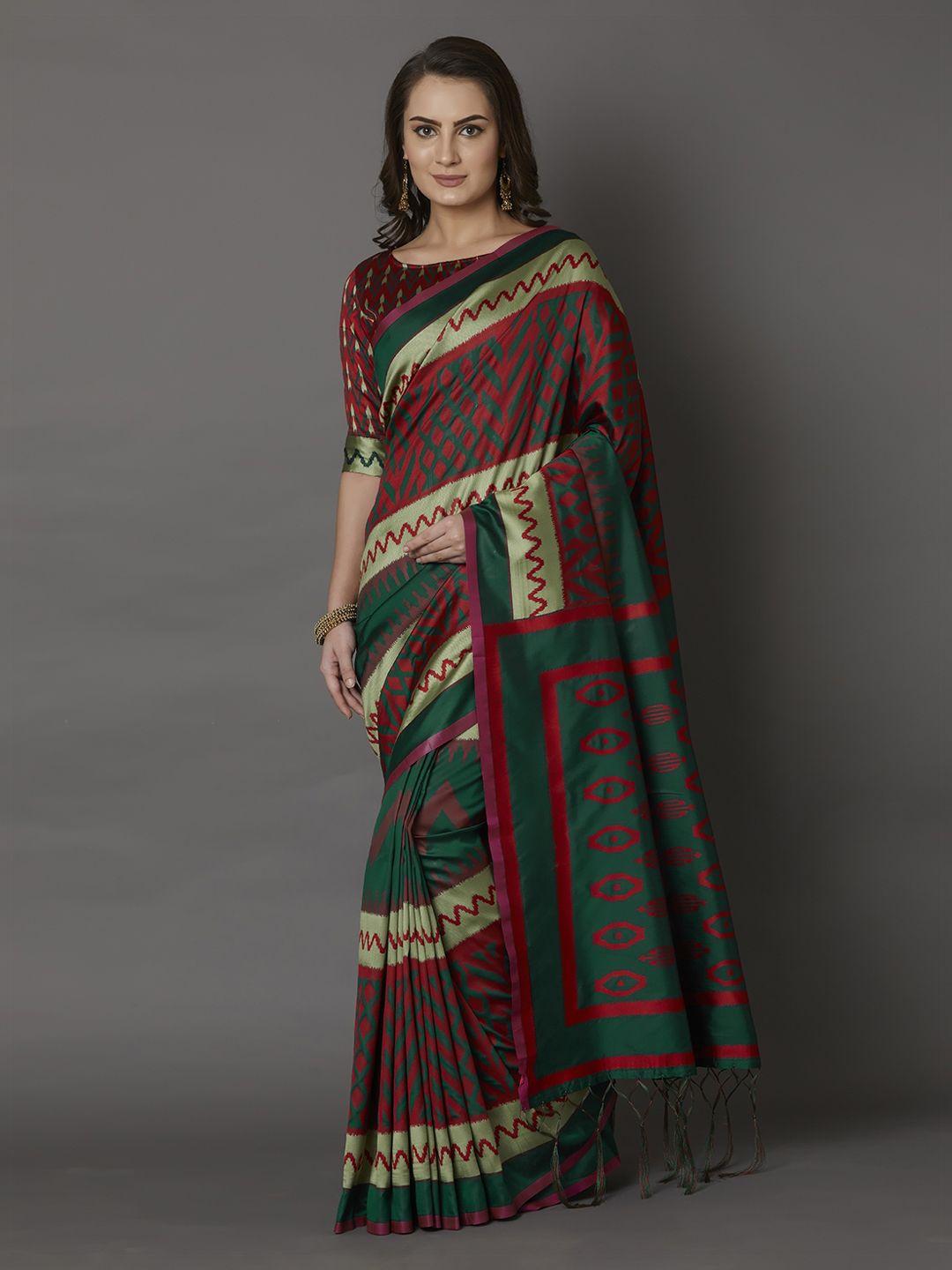 mitera maroon & green silk blend printed saree