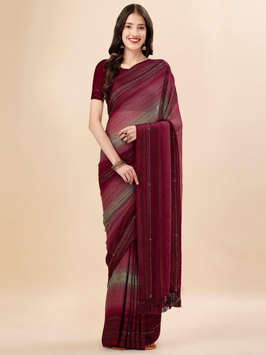 mitera maroon & green striped stone work pure chiffon saree