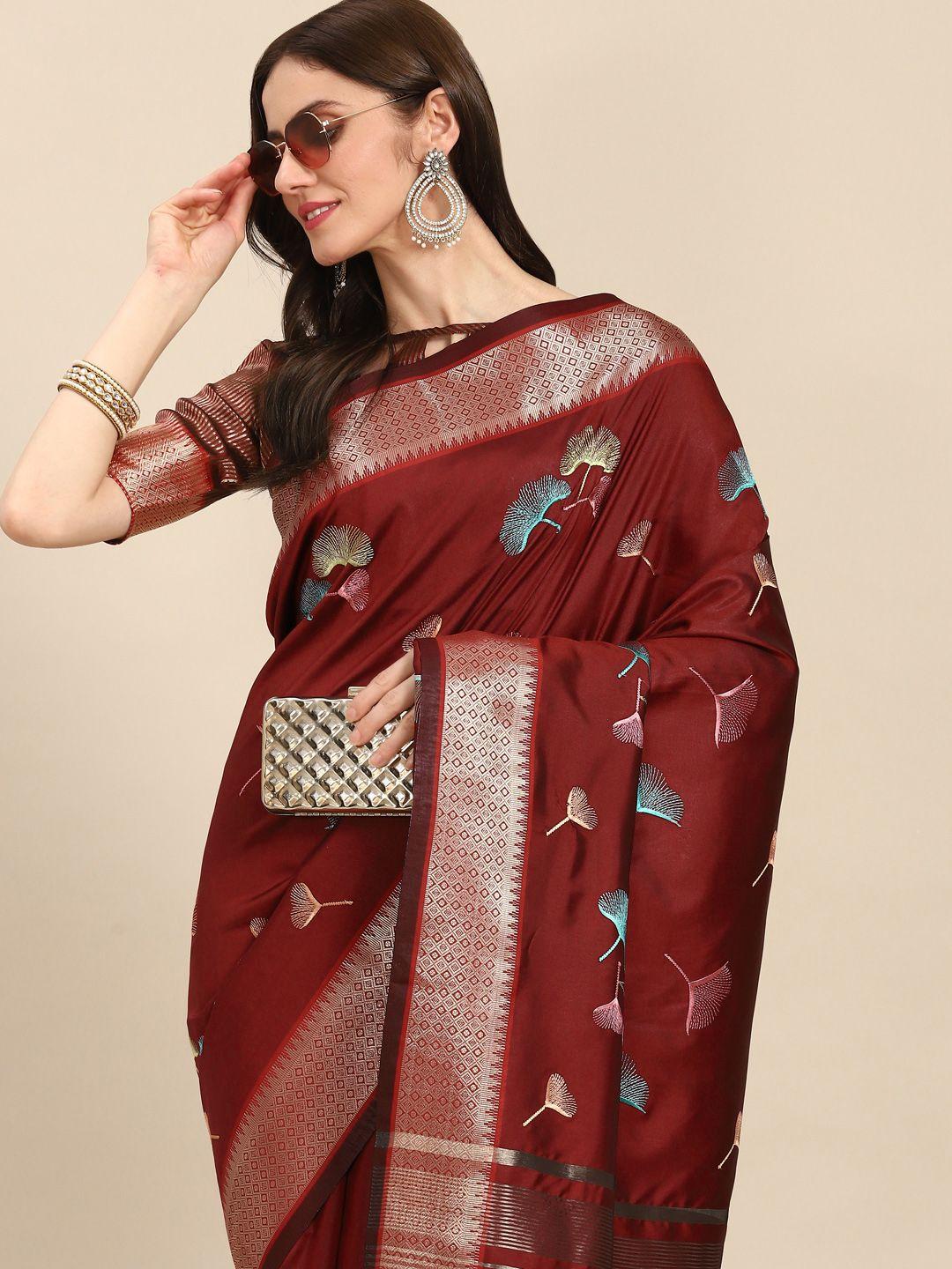 mitera maroon & gunmetal-toned floral silk cotton baluchari saree