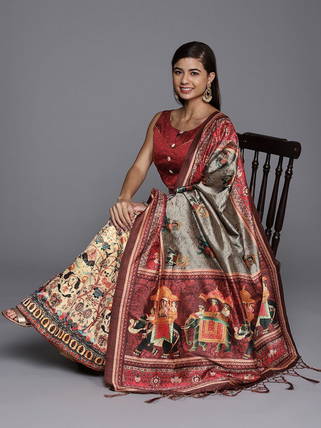 mitera maroon & multicoloured printed khari print unstitched lehenga & blouse with dupatta