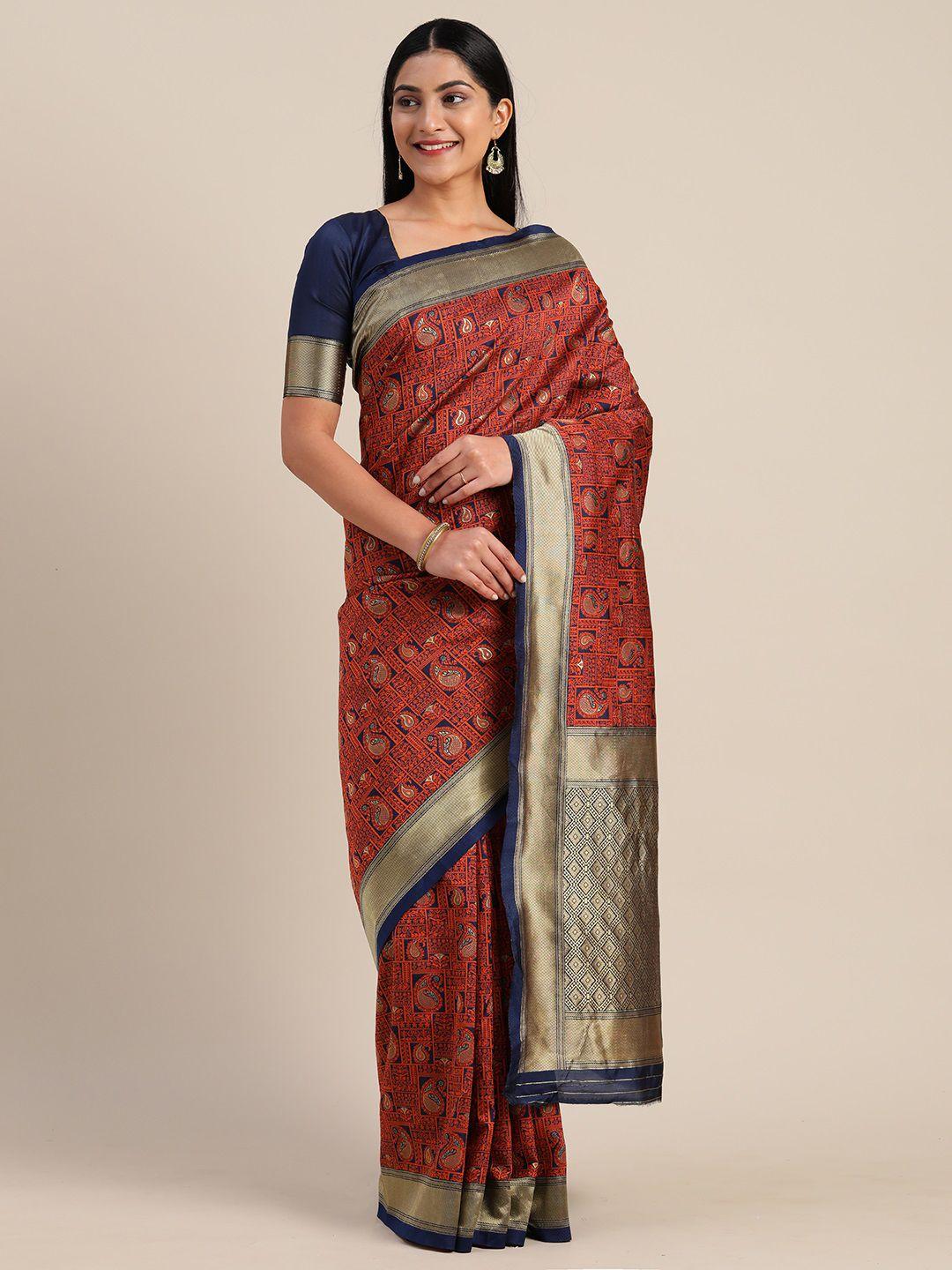 mitera maroon & navy blue silk blend woven design kanjeevaram saree