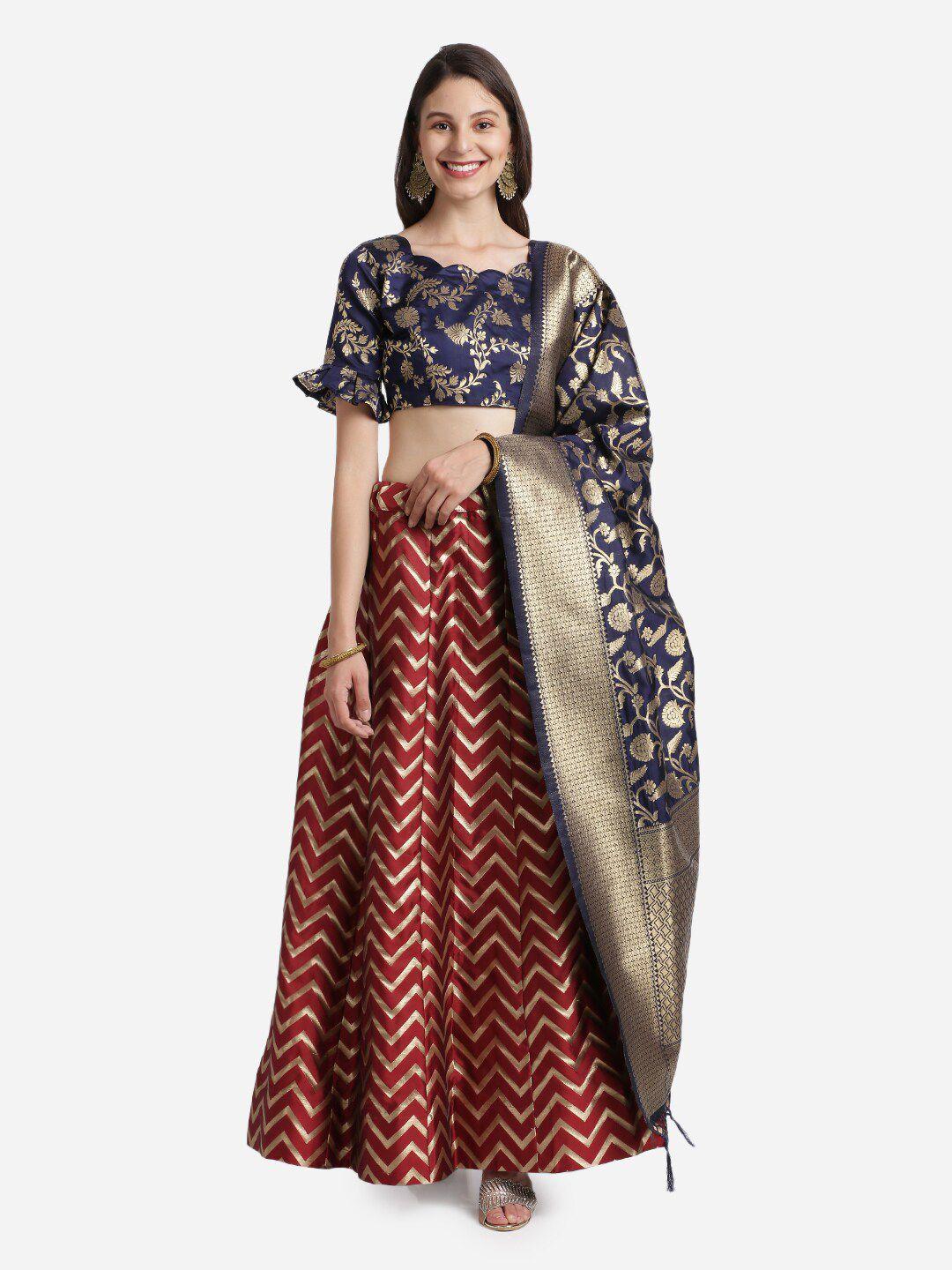 mitera maroon & navy blue thread work unstitched lehenga & blouse with dupatta