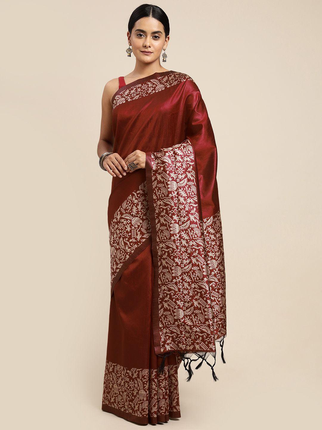mitera maroon & off white solid silk blend celebrity saree