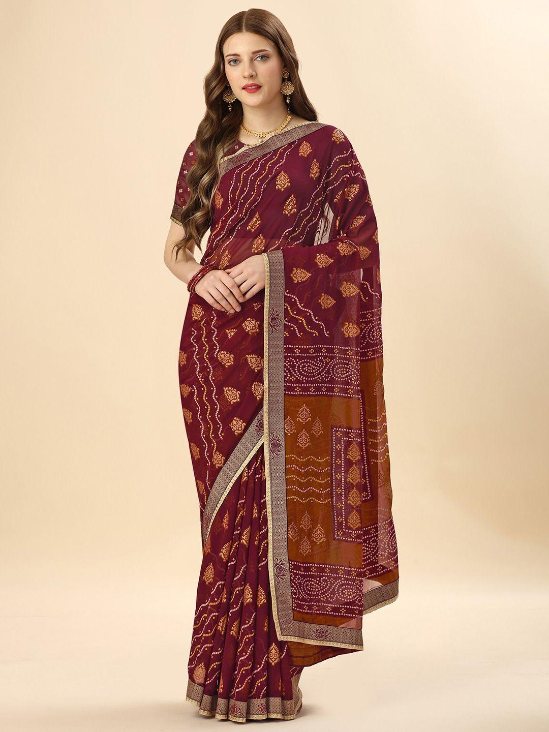 mitera maroon & orange ethnic motifs printed zari pure georgette saree