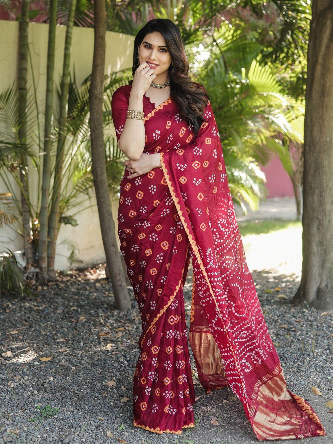 mitera maroon & orange printed bandhani saree