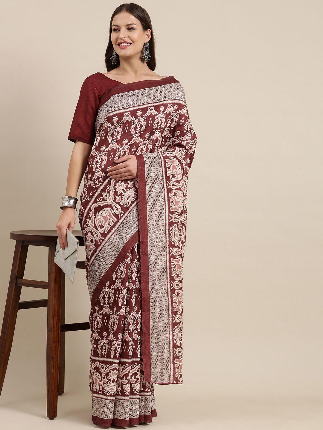 mitera maroon & pink abstract print bhagalpuri art silk ikat saree