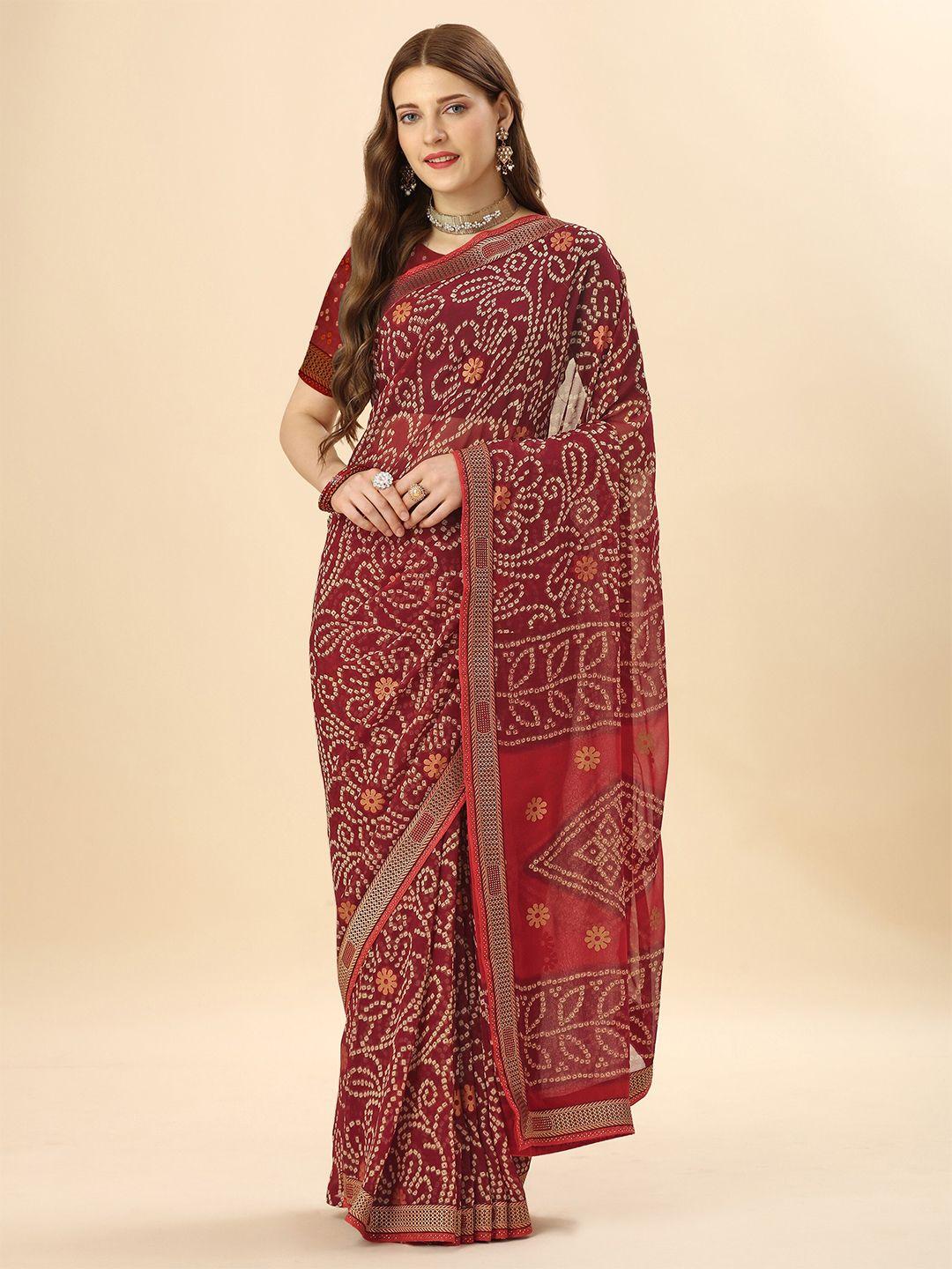 mitera maroon & red bandhani printed pure georgette saree