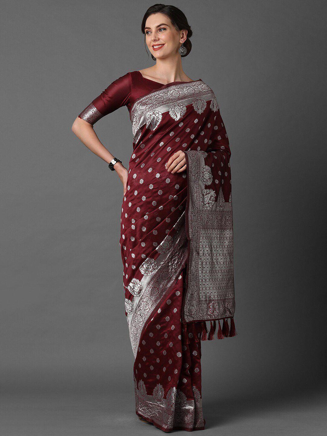 mitera maroon & silver-toned woven design silk blend banarasi saree