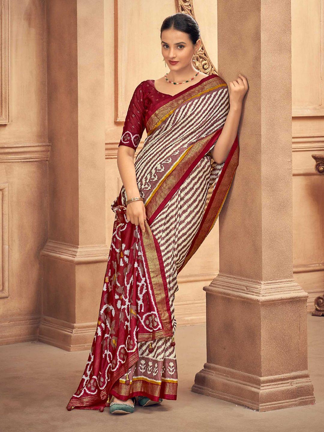 mitera maroon & white leheriya zari silk blend patola saree