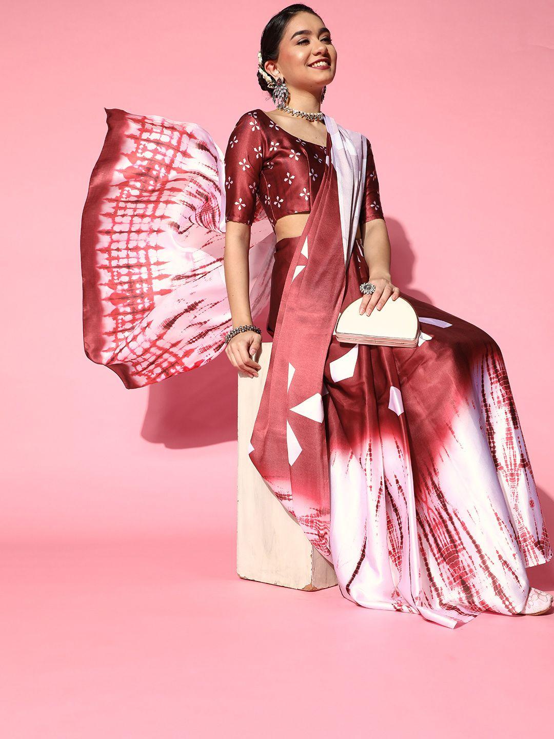 mitera maroon & white tie and dye print saree