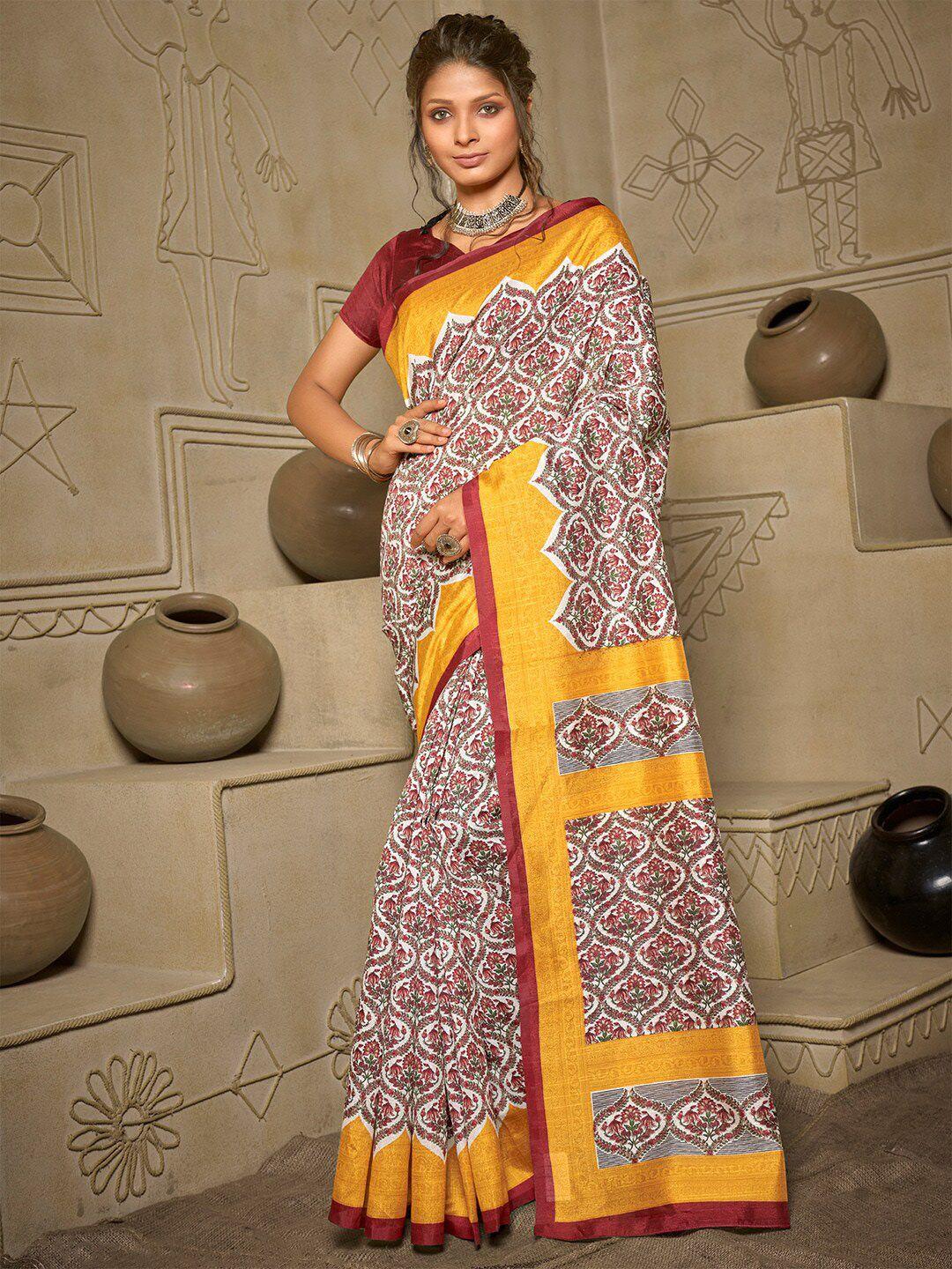 mitera maroon & yellow ethnic motifs art silk block print saree