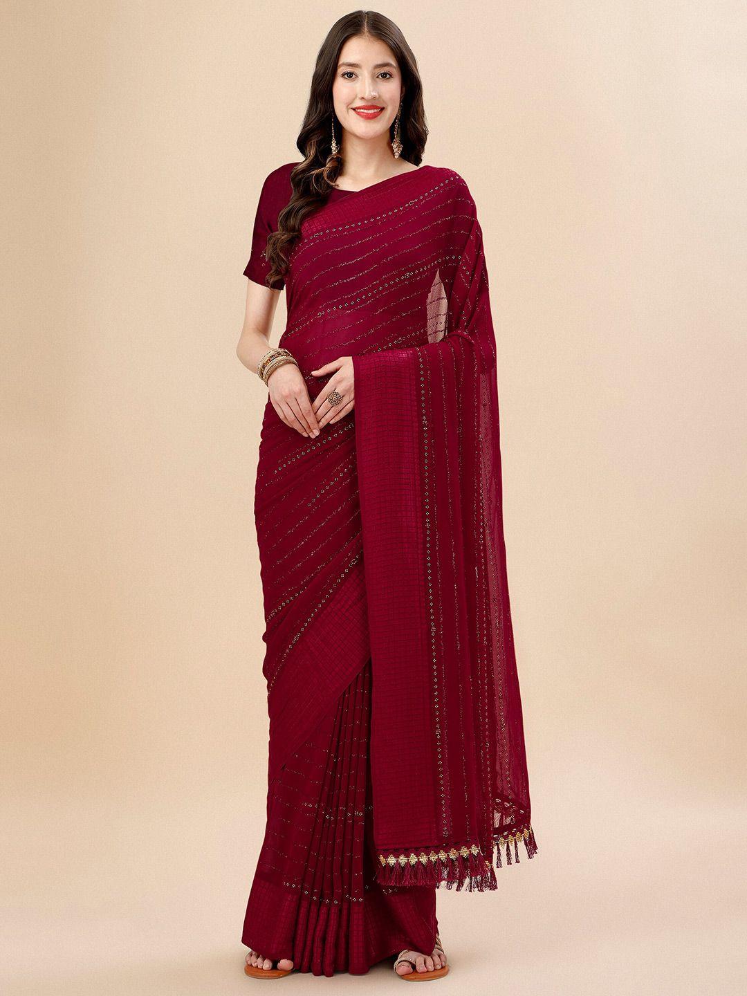 mitera maroon beads and stones embellished pure chiffon saree