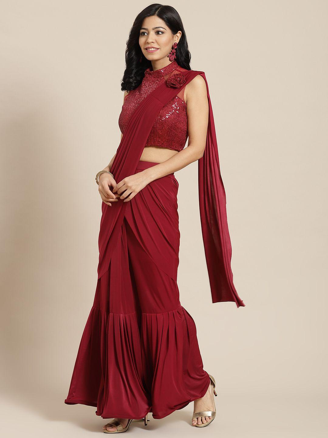 mitera maroon embroidered ready to wear skirt ruffel sari