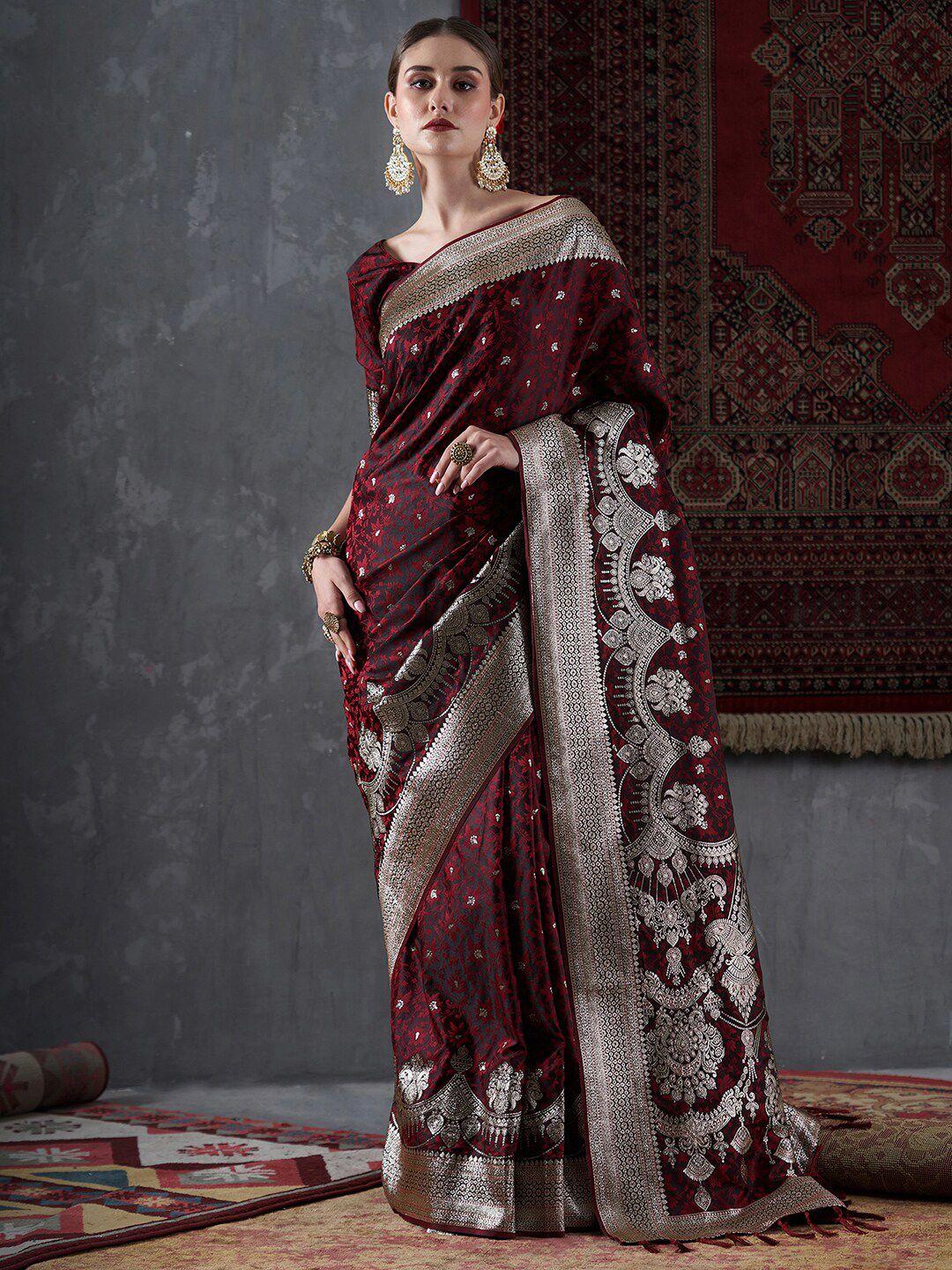 mitera maroon ethnic motifs woven design satin banarasi saree