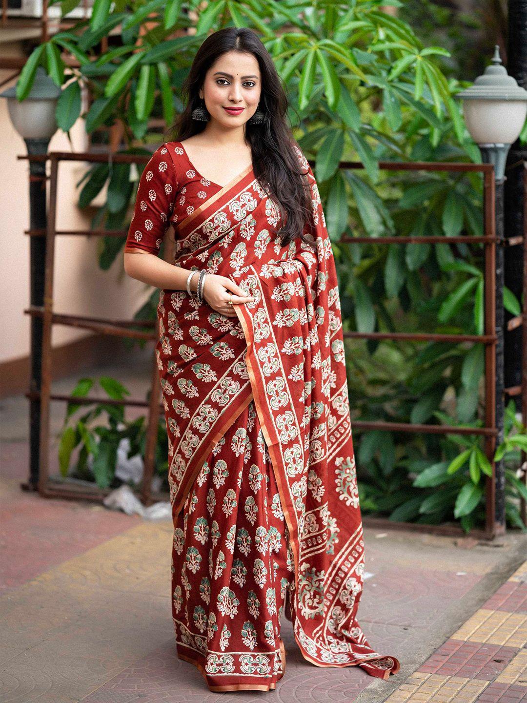 mitera maroon floral printed zari cotton blend saree