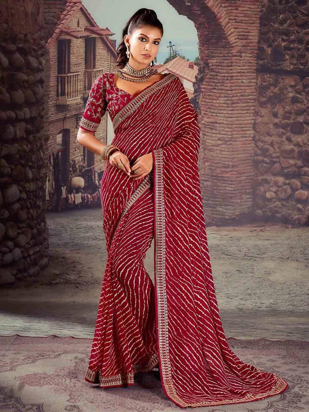 mitera maroon leheriya sequinned pure georgette designer leheriya saree