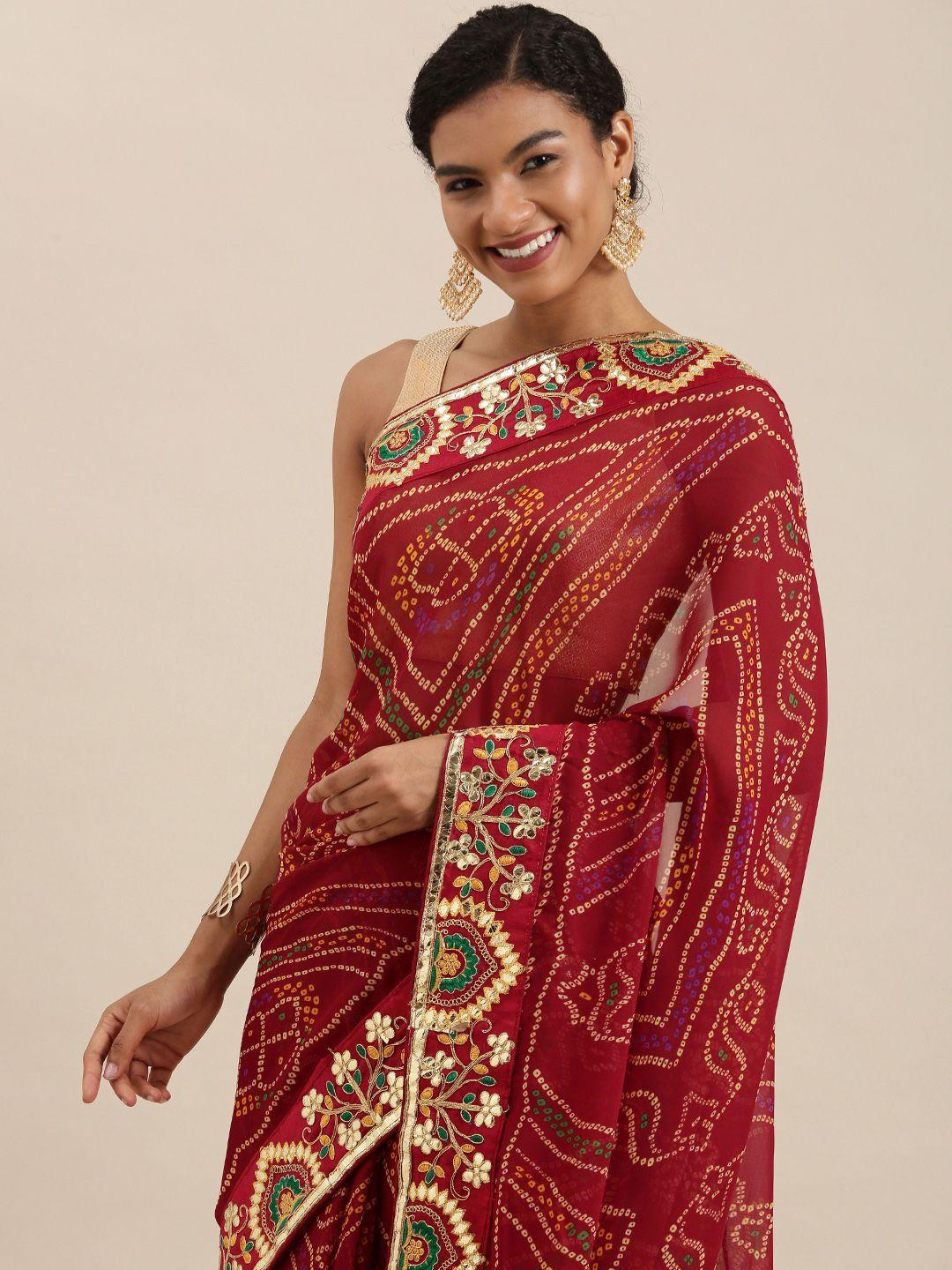 mitera maroon printed gotta patti bandhani saree