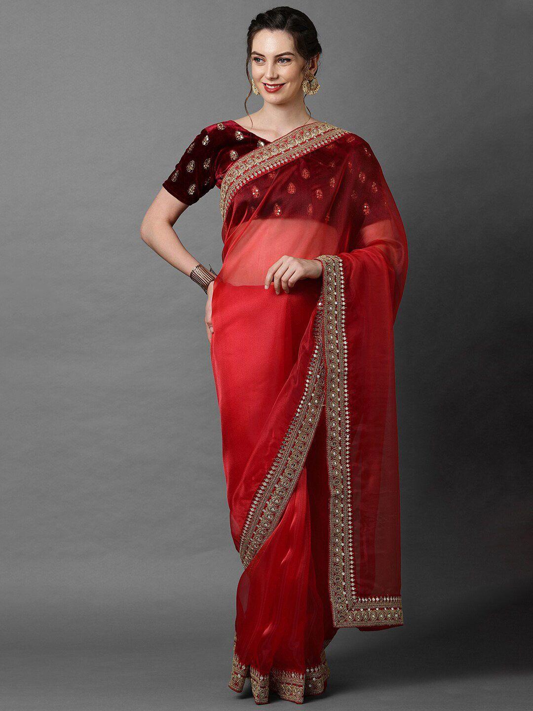 mitera maroon sequinned border organza saree