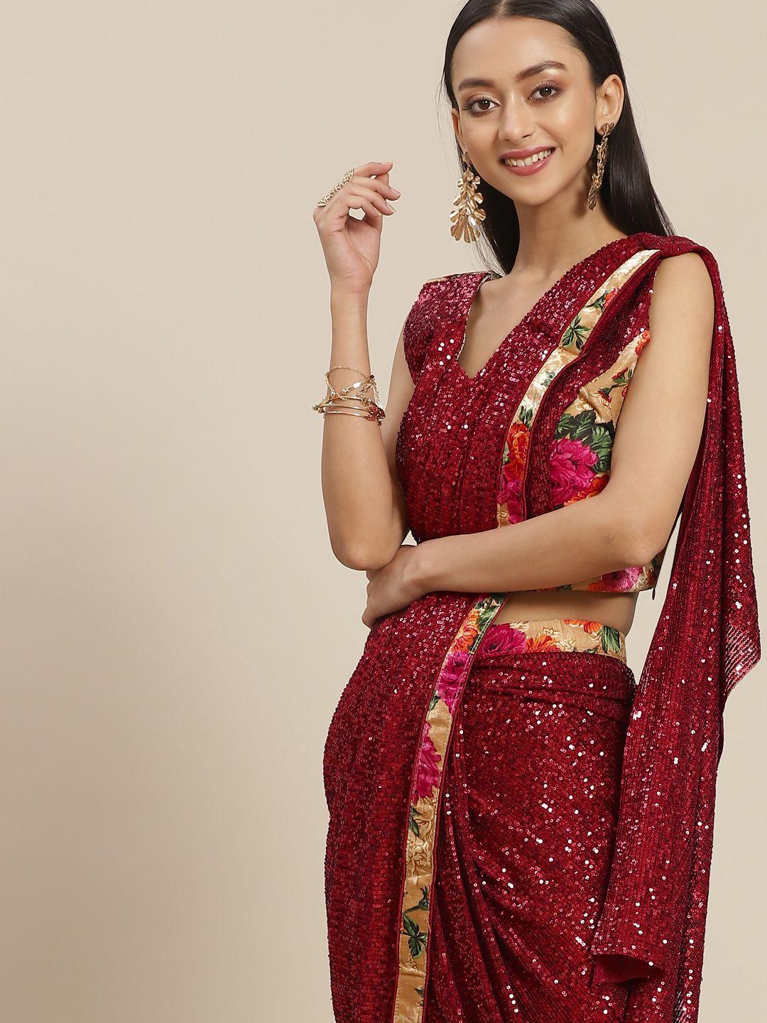 mitera maroon sequinned embellished ready to wear saree