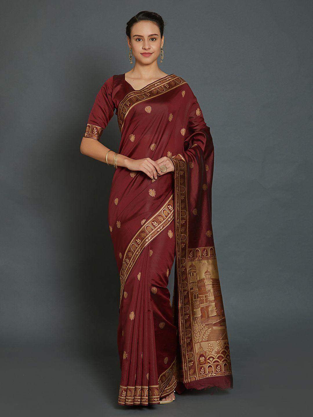 mitera maroon silk blend woven design kanjeevaram saree