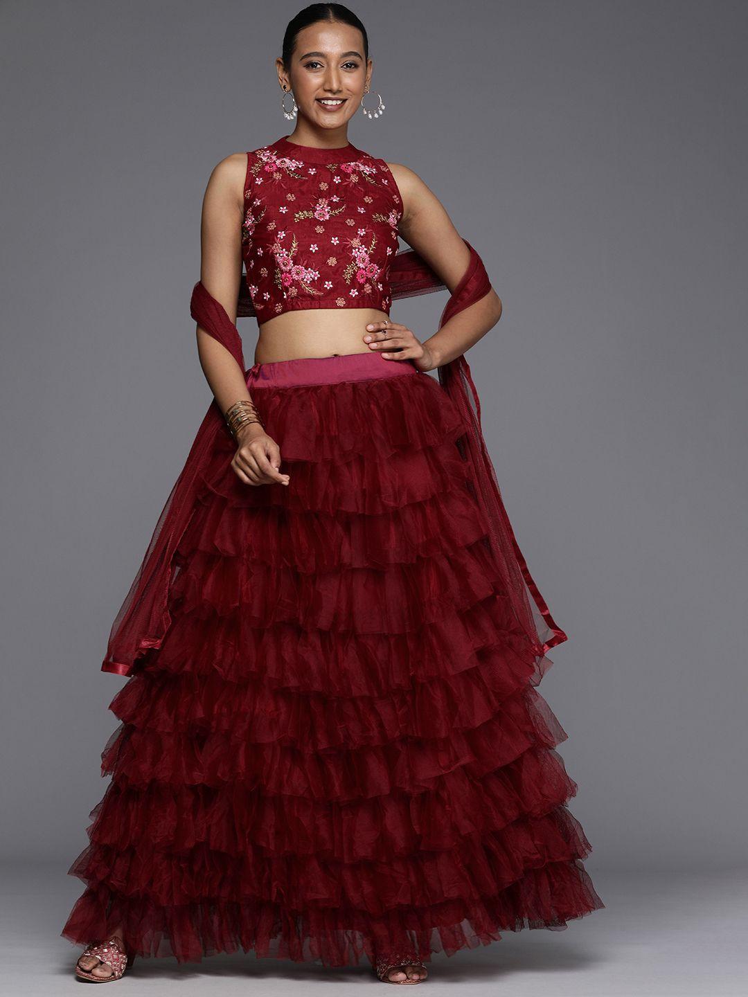 mitera maroon thread work semi-stitched lehenga & unstitched blouse with dupatta