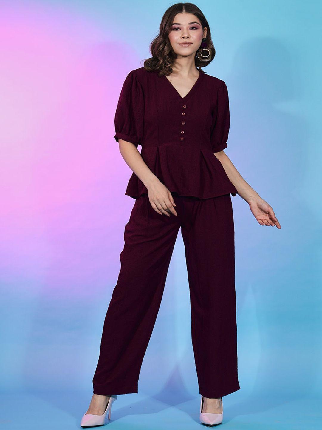 mitera maroon v-neck puff sleeve top with trousers