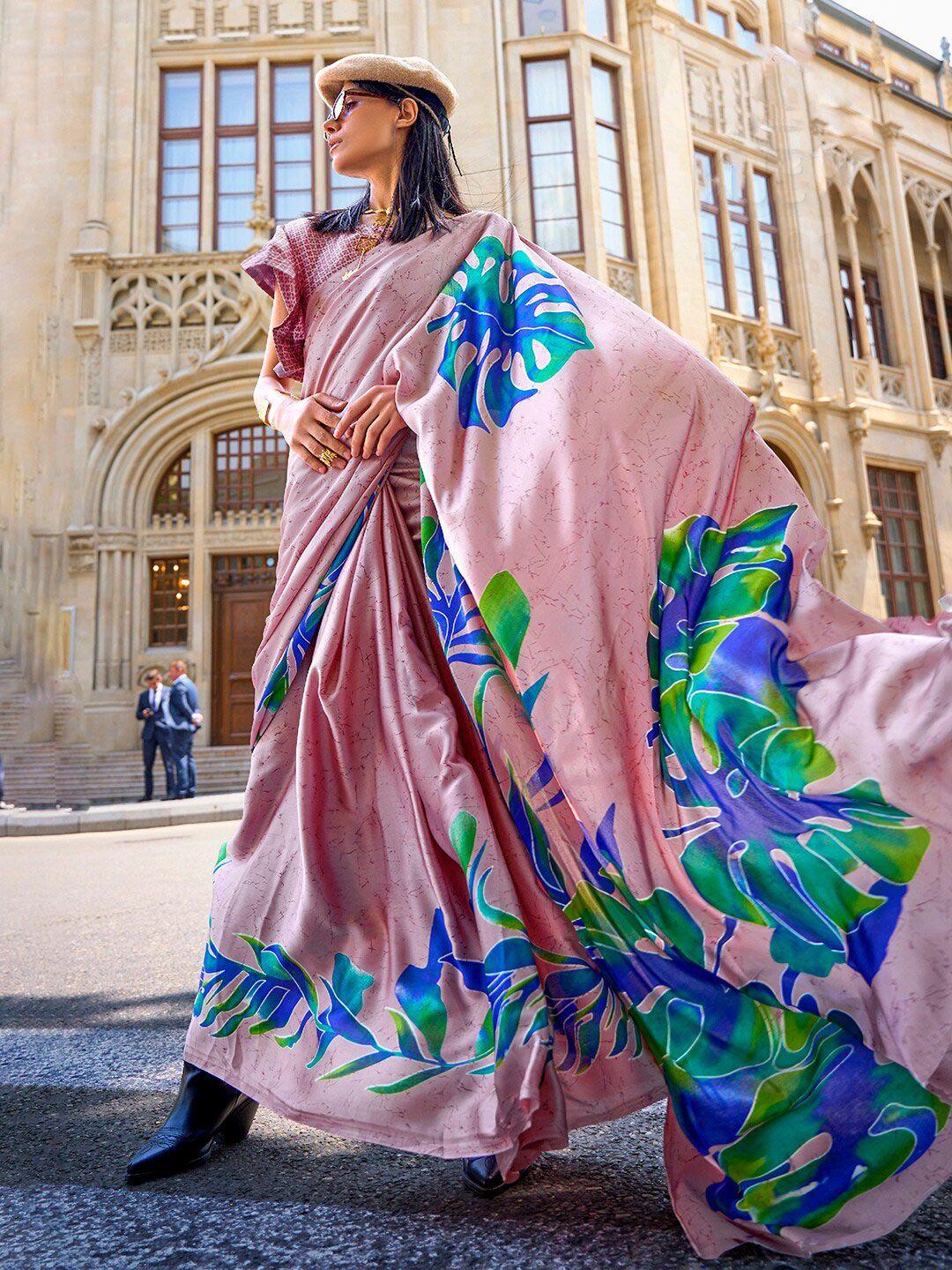 mitera mauve & blue pure crepe block print saree