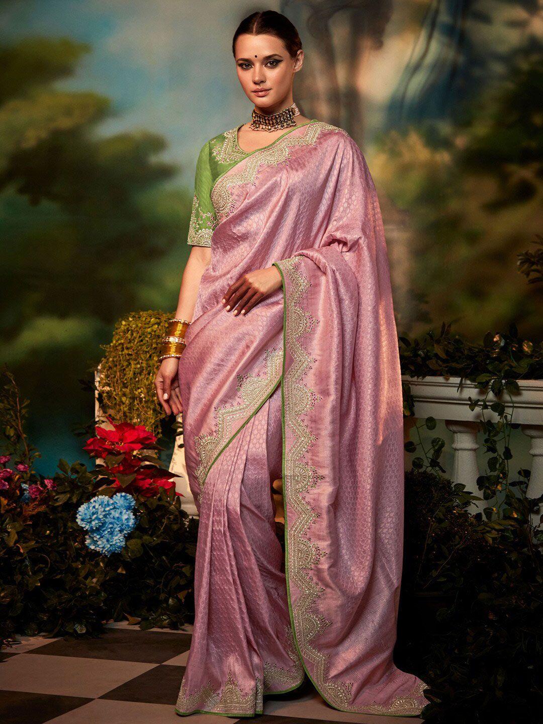 mitera mauve & gold-toned floral woven design embroidered silk blend banarasi saree