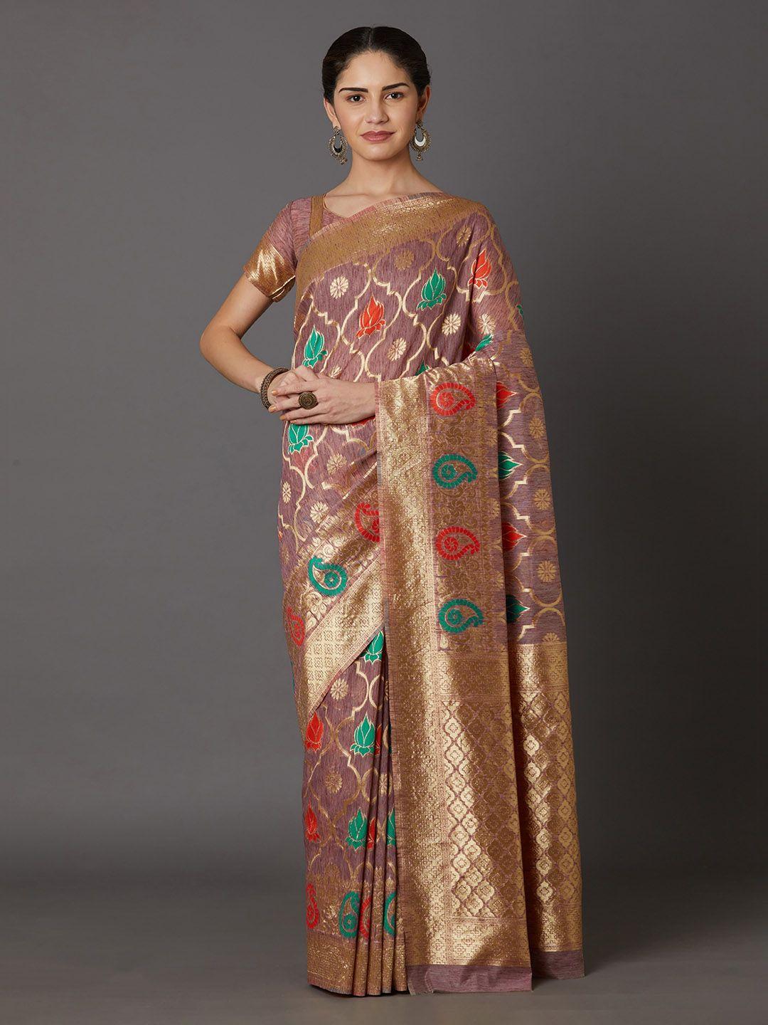 mitera mauve & gold-toned silk blend woven design kanjeevaram saree